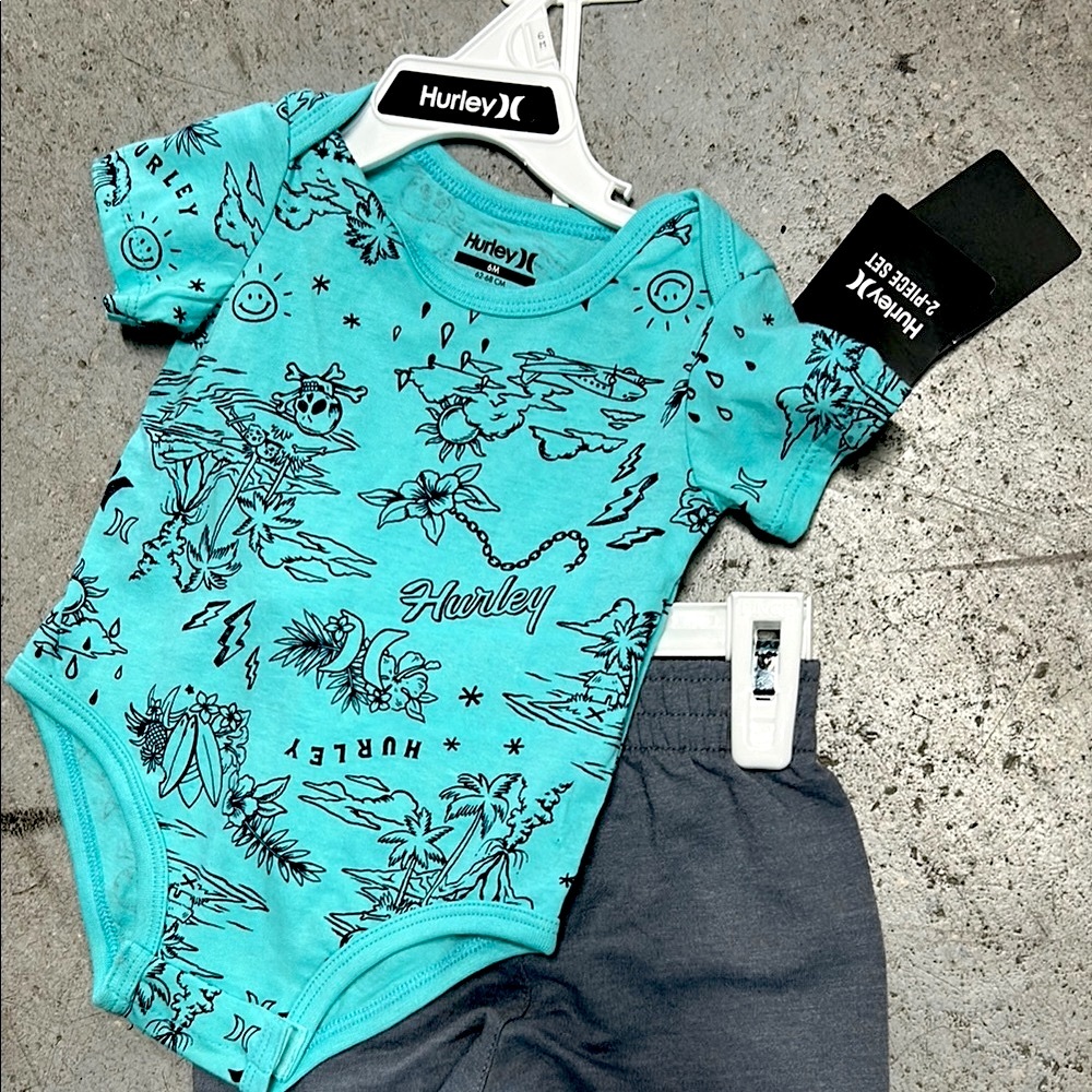 Hurley Baby Blue Graphic Onesie and Gray Pants Set 6 MO NWT